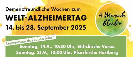 Eine Reihe von Veranstaltungen vom 14. bis 28. September 2025, die sich auf das Feiern des Lebens mit verschiedenen Aktivitäten und Diskussionen an unterschiedlichen Orten und Zeiten konzentrieren. Die Veranstaltungen beinhalten Workshops, Vorträge und interaktive Sitzungen zu Themen wie persönliche Pflege, Demenz und gemeinschaftliche Unterstützung. QR-Codes werden für weitere Informationen bereitgestellt.