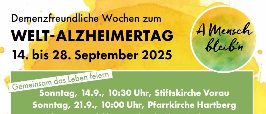 Eine Reihe von Veranstaltungen vom 14. bis 28. September 2025, die sich auf das Feiern des Lebens mit verschiedenen Aktivitäten und Diskussionen an unterschiedlichen Orten und Zeiten konzentrieren. Die Veranstaltungen beinhalten Workshops, Vorträge und interaktive Sitzungen zu Themen wie persönliche Pflege, Demenz und gemeinschaftliche Unterstützung. QR-Codes werden für weitere Informationen bereitgestellt.