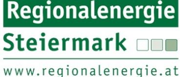 Das Bild zeigt das Logo von 'Regionalenergie Steiermark', einem regionalen Energieversorger in der Steiermark, Österreich. Das Logo hat einen grünen Hintergrund mit weißem Text und enthält die Website 'www.regionalenergie.at'.