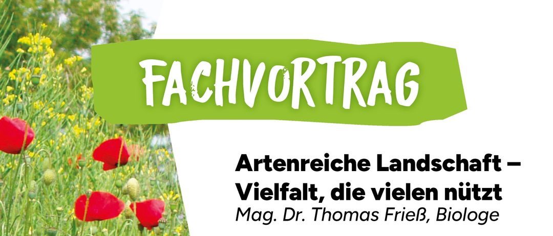 Poster mit leuchtenden Wildblumen und einem grünen Banner mit der Aufschrift 'FACHVORTLAG'. Details umfassen eine Veranstaltung von Mag. Dr. Thomas FrieB, Biologe, am 24.03.2026 von 18:00 bis 20:00 Uhr im Kultursaal der Gemeinde Feistritztal, Hirsdorf 233, 8221 Hirsdorf. Anmeldung unter office@kulmland.com. Logos vorhanden.