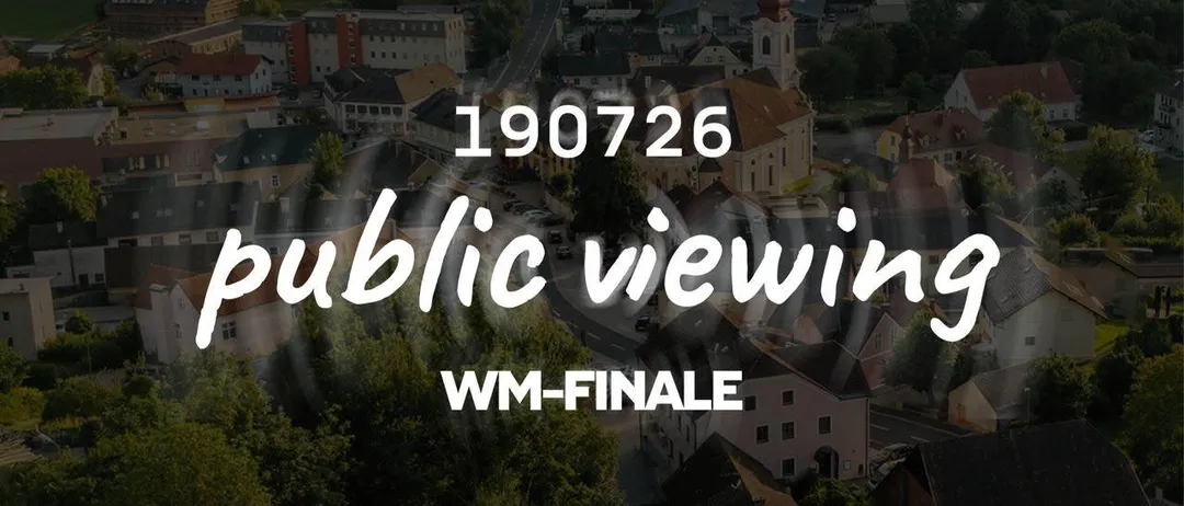 Luftaufnahme einer Stadt mit Gebäuden und Bäumen, mit dem Text '190726 öffentliches Viewing WM-FINALE' und 'VAZ PINGGAU bleiben Sie dran!' in weiß.