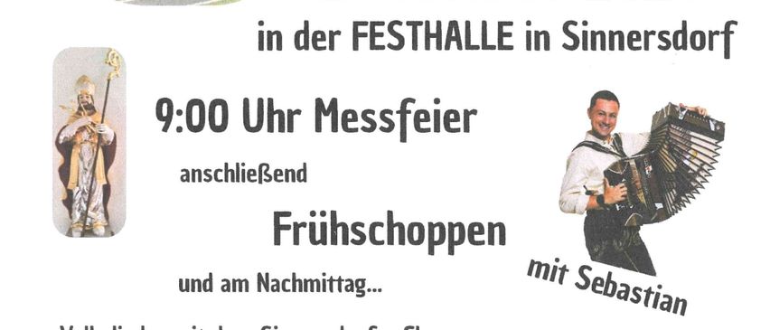 Plakat für das Pfarrfest-Event in Sinnersdorf am 2. August 2026 mit Kirche, Akkordeonspieler und verschiedenen Aktivitäten.