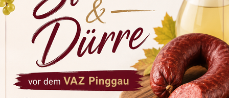 Werbung für eine Weinverkostung bei VAZ Pinggau am 25.09.2026 um 16:00 Uhr mit Wurst, Trauben und einer Karaffe Wein.