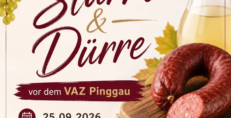 Werbung für eine Weinverkostung bei VAZ Pinggau am 25.09.2026 um 16:00 Uhr mit Wurst, Trauben und einer Karaffe Wein.