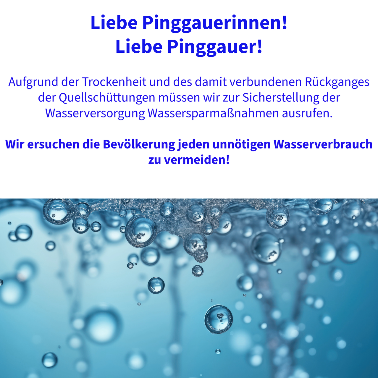 Ein blauer Hintergrund mit Wassertropfen und Blasen. Darüber steht: 'Liebe Pinggauerinnen! Liebe Pinggauer!' und 'Aufgrund der Trockenheit und der damit verbundenen Rückgänge der Quellschüttungen müssen wir zur Sicherung der Wasserversorgung Wassersparmaßnahmen ausrufen.'