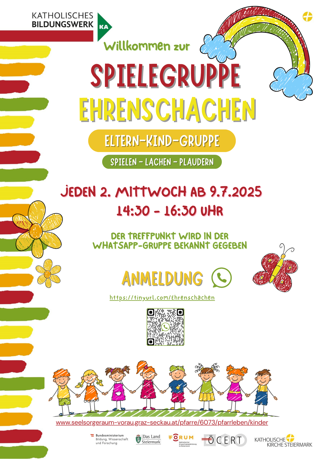 Ein Veranstaltungsposter für die Ehrenschachen Spielgruppe. Es ist eine Eltern-Kind-Gruppe zum Spielen, Lachen und Klatschen. Sie findet jeden zweiten Mittwoch ab dem 9.7.2025 von 14:30 bis 16:30 Uhr statt. Der Treffpunkt wird in der WhatsApp-Gruppe bekannt gegeben. Eine Registrierungslink ist verfügbar.