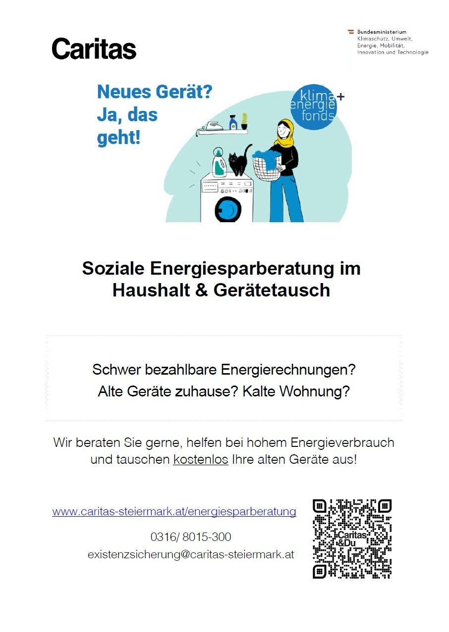 Ein Bild zeigt eine Frau, die Wäsche hält, mit einer Waschmaschine und einer Katze. Es bietet soziale Energieberatung für Haushalt und Geräteaustausch. Es bietet auch eine Website und Telefonnummer an.