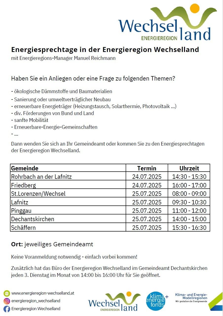 Energiesprechtage in der Energieregion Wechselland mit Energieregions-Manager Manuel Reichmann. Verschiedene Themen sind verfügbar. Termine können im Rathaus vereinbart oder durch Teilnahme an den Energiesprechtagen in Wechselland erfolgen.
