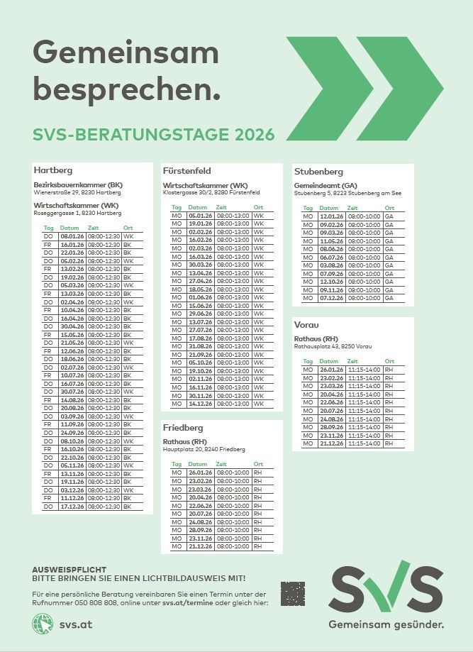 Ein Dokument mit dem Titel 'SVS-BERATUNGSTAGE 2026' mit Abschnitten für Hartberg, Firstenfeld und Stubenberg. Jeder Abschnitt listet Termine, Zeiten und Orte von Treffen in Deutsch auf. Hartberg-Treffen finden im Bezirksbauverein statt, Firstenfeld-Treffen in der Wirtschaftskammer und Stubenberg-Treffen im Gemeindeamt.