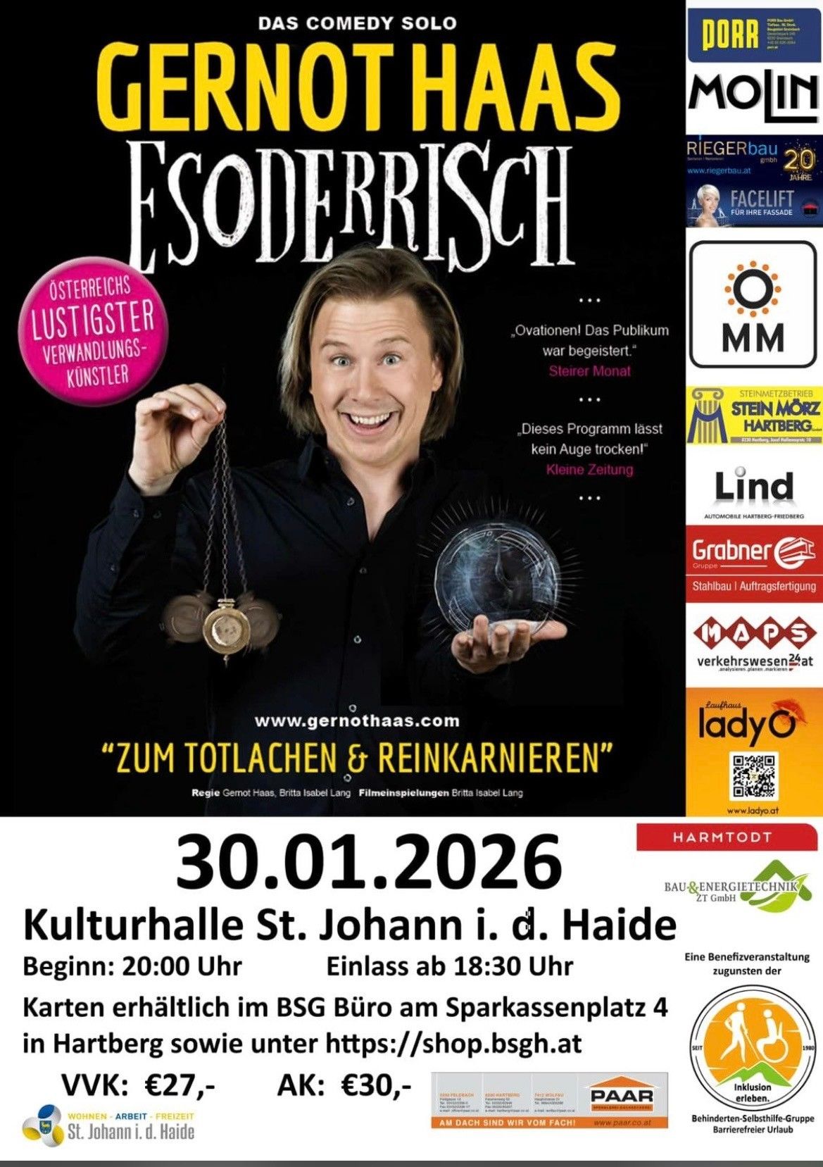 Plakat für eine Zaubershow mit Gernot Haas. Die Veranstaltung trägt den Titel "Zum Totlachen & Reinkarnieren". Das Datum ist der 30. Januar 2026. Beginn um 20:00 Uhr. Veranstaltungsort ist die Kulturhalle St. Johann i. d. Haide.