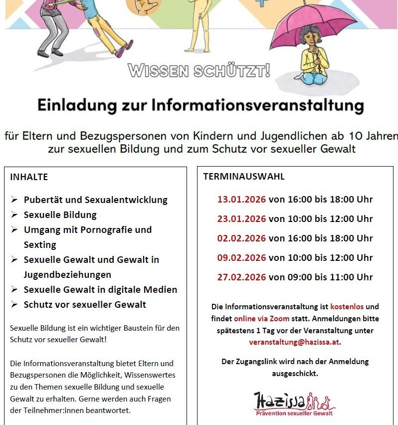 Einladung zur Informationsveranstaltung für Eltern und Bezugspersonen von Kindern und Jugendlichen ab 10 Jahren zu sexueller Bildung und Schutz vor sexueller Gewalt. Die Veranstaltung ist kostenlos und findet online via Zoom statt. Anmeldung erforderlich.