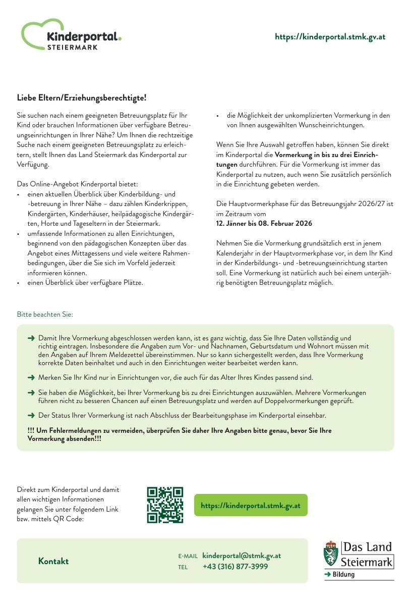 Das Bild zeigt ein Dokument mit dem Titel 'Liebe Eltern/Erziehungsberechtigte!' Es behandelt das Kinderportal, eine Plattform für Eltern, die geeignete Betreuungsmöglichkeiten suchen. Es bietet einen Überblick über Betreuungsoptionen, einen Registrierungsprozess und Richtlinien für die Auswahl geeigneter Einrichtungen. Es hebt die Anmeldephase für das Jahr 2026/27 hervor, die vom 12. Januar bis 8. Februar 2026 läuft. Es weist auf die Bedeutung der korrekten Dateneingabe und der Auswahl von Einrichtungen hin, die dem Alter des Kindes entsprechen.