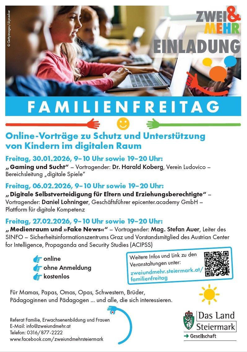 Plakat für einen Familientag, betitelt 'Familienfreitag'. Es bietet drei Online-Seminare zum Schutz und zur Unterstützung von Kindern im digitalen Raum. Daten und Referenten sind aufgeführt. Kostenlos und ohne Anmeldung erforderlich.