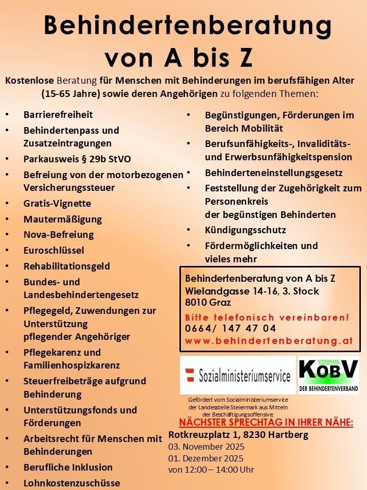 An infographic provides information on free consultations for individuals with disabilities, aged 15-65, and their relatives on various topics. The topics include barrier-free access, mobility support, and legal benefits. It highlights services such as driver's license exemption and free parking. It also mentions support for disabled individuals, family hospital care, and tax exemptions for caregivers. Contact details are provided for further information.