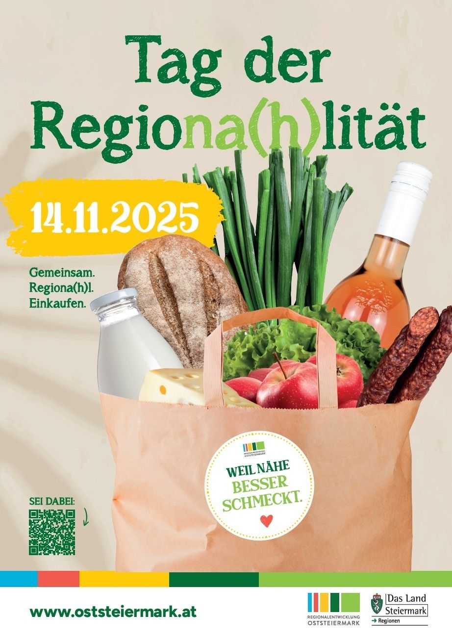 Poster for a regional market event on November 14, 2025. It features a brown paper bag with local produce, a bottle of wine, and a cheese container. The text emphasizes supporting local businesses.