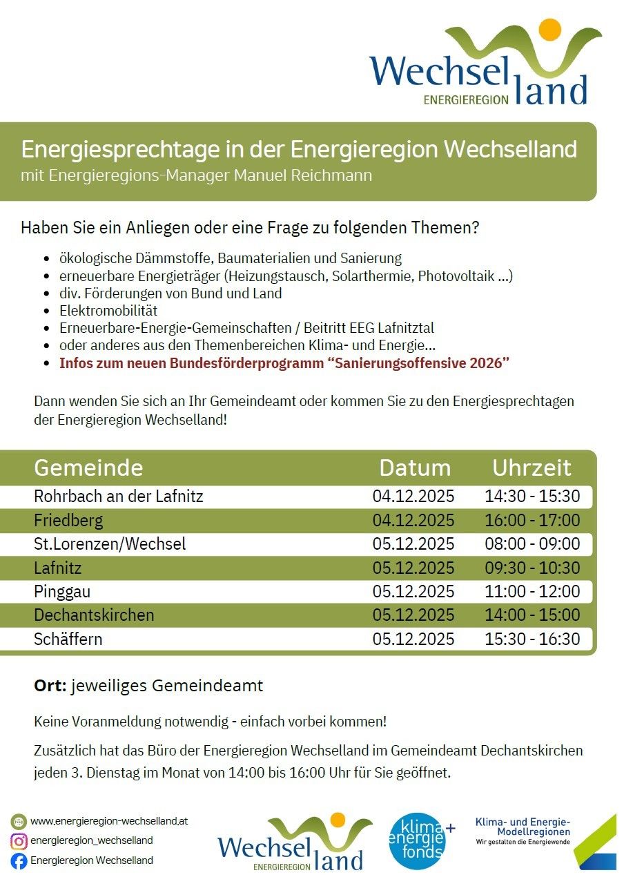 Energiesprechtage in der Energieregion Wechselland mit Energieregions-Manager Manuel Reichmann. Wenden Sie sich an Ihr Gemeindeamt oder kommen Sie zu den Energiesprechtagen der Energieregion Wechselland!
