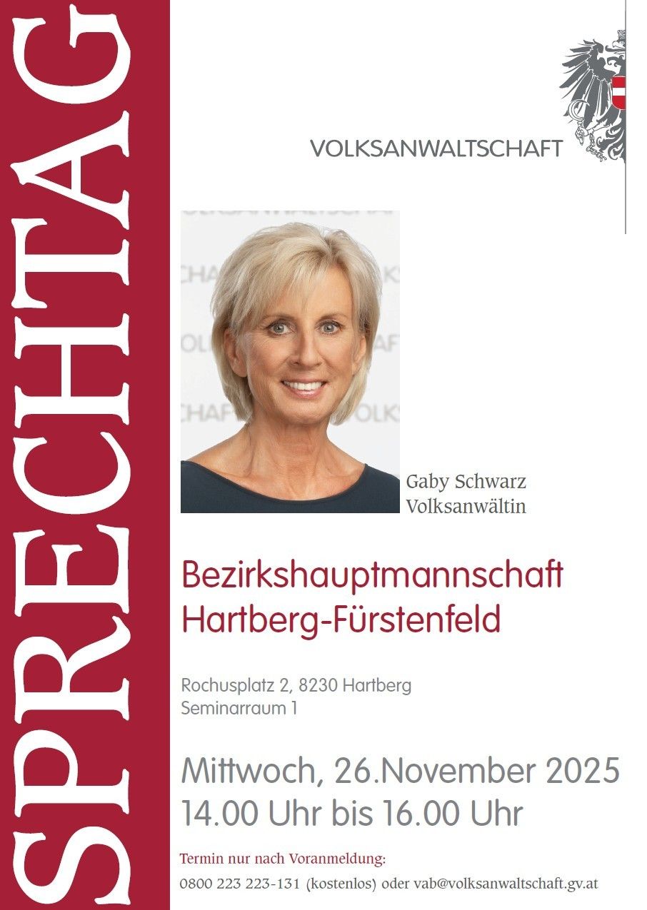 Poster advertising an event by Gaby Schwarz, Volksanwaltin, at the Bezirkshauptmannschaft Hartberg-Furstenfeld on November 26, 2025, in Seminarraum 1 at Rochusplatz 2, 8230 Hartberg.
