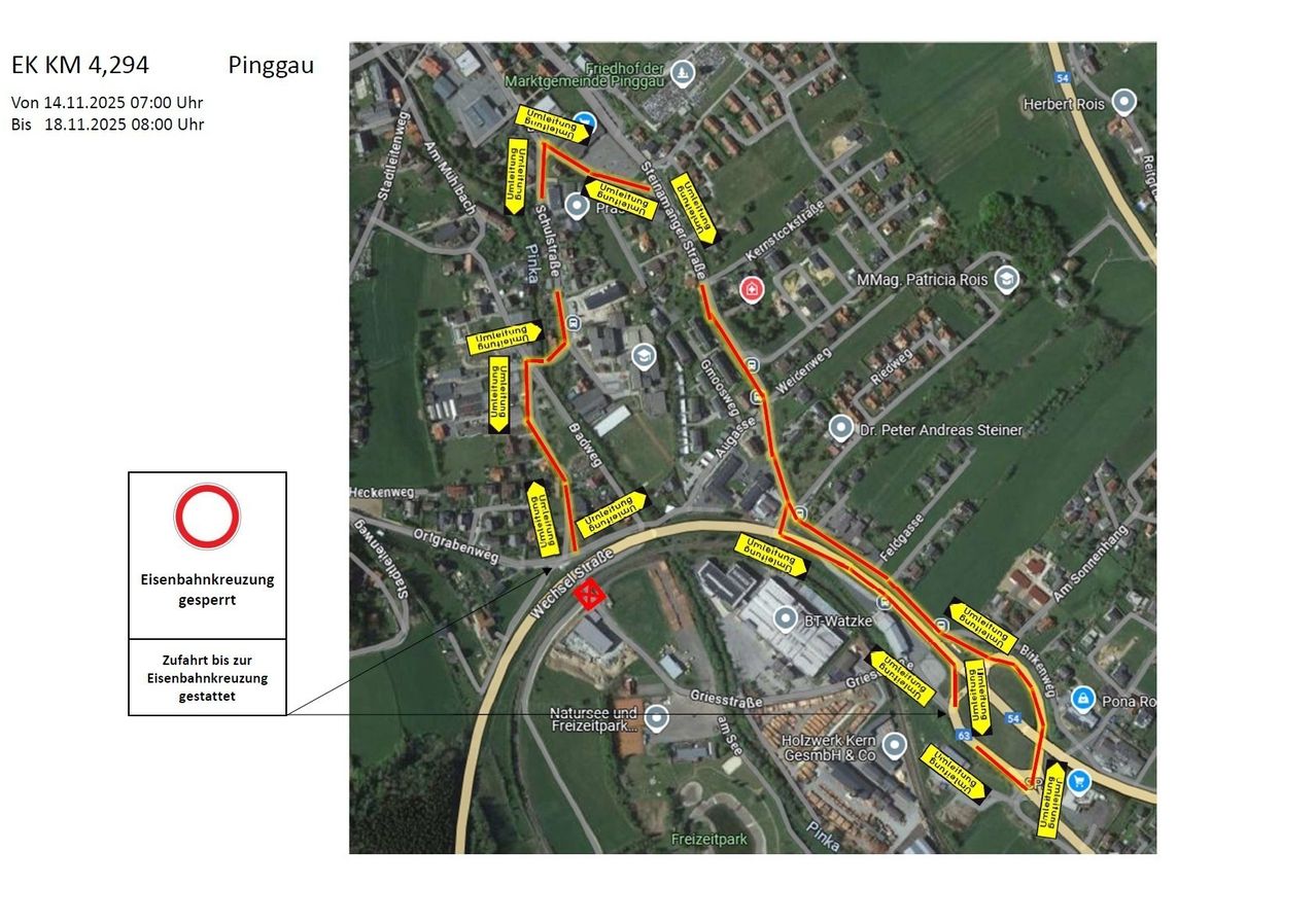 The map shows the Pinggau area with a route highlighted in red. The route includes various points of interest such as buildings, streets, and a nature and leisure park. The route starts and ends at specific locations, passing through multiple streets and intersections.