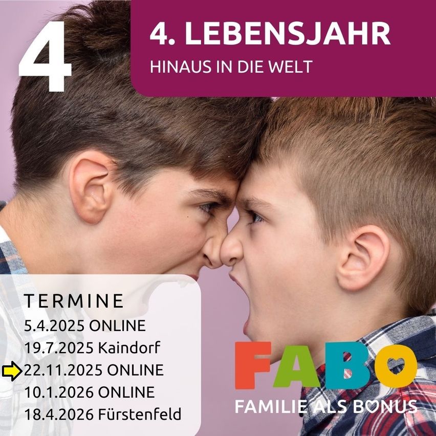 Two boys face each other. The boy on the left has a number 4 on his head. The boy on the right is making a face. The text reads 4. Lebensjahr hinaus in die Welt. There are dates and locations for events listed.