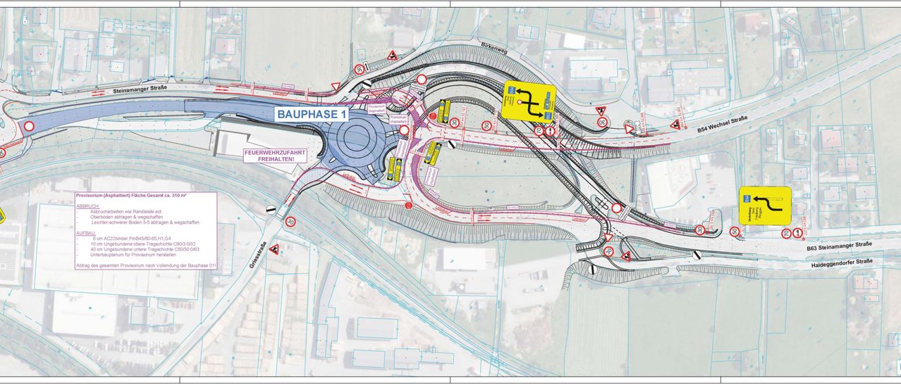 A map detailing the construction phase 1 of a road. It features various signs, arrows, and speed limit markers. The area is marked with 'BAUPHASE 1' and 'WERHRZUFAHRT FREIHALTEIN'.
