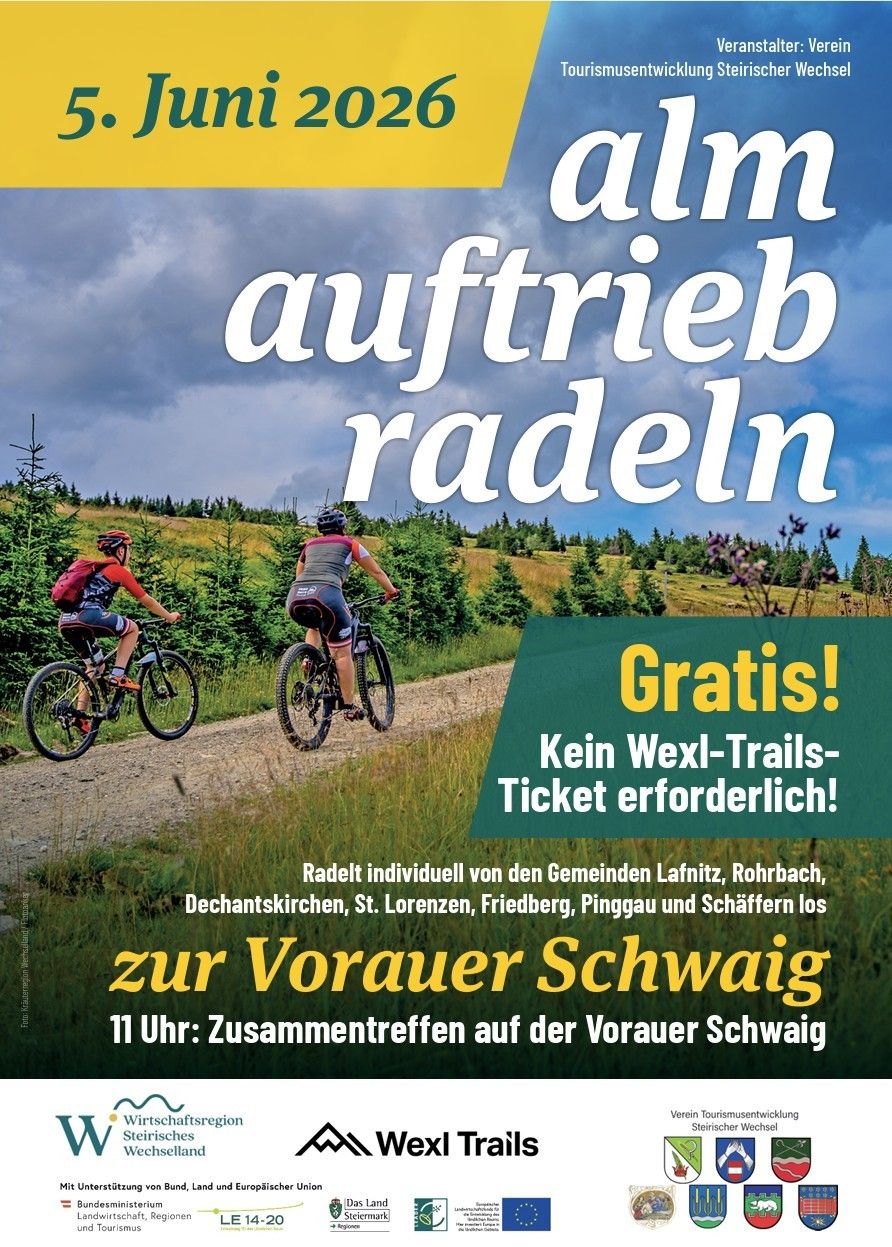 Poster für eine Fahrradveranstaltung. Zwei Personen fahren auf einem Pfad mit Fahrrädern. Grünes Gras und Bäume umgeben den Weg. Der Text auf Deutsch lautet 'zum auftrieb radeln'. Treffpunkt ist um 11 Uhr. Kein Ticket erforderlich.
