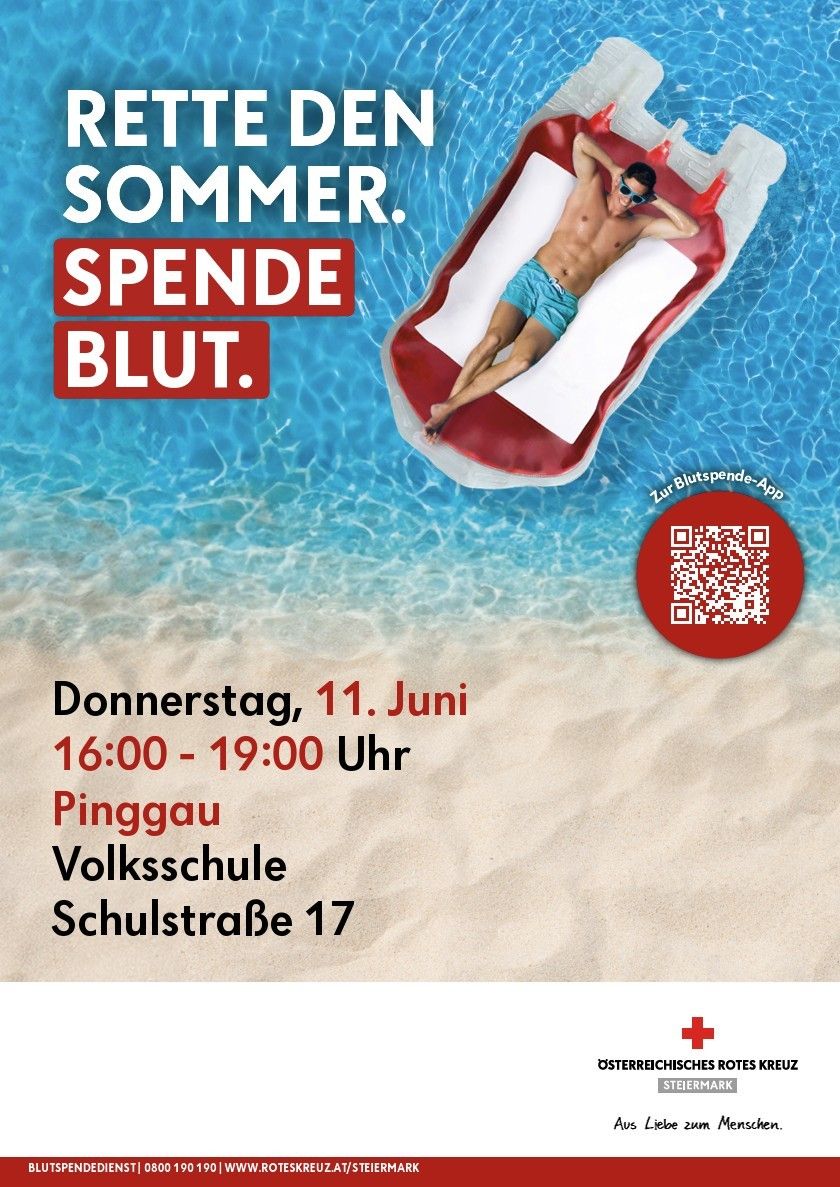 Ein Plakat für eine Blutspende-Veranstaltung. Ein Mann auf einem schwimmfähigen Bett. QR-Code rechts. Datum und Uhrzeit unten.
