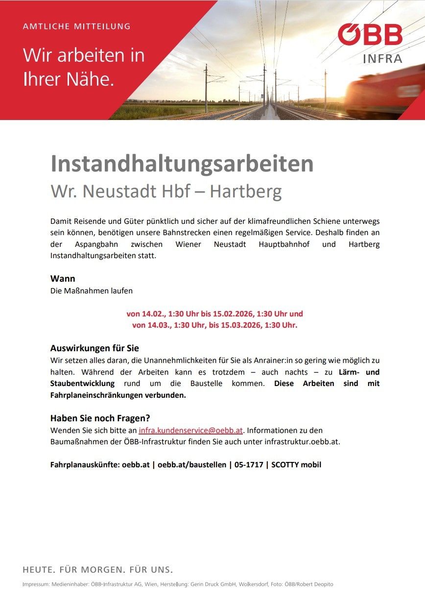 Maintenance work at Neustaadt Hbf and Hartberg stations. Passengers and goods must be transported punctually and safely on climate-friendly tracks. Regular service is required for this. Therefore, maintenance work is scheduled for the section between Wien and Hartberg.