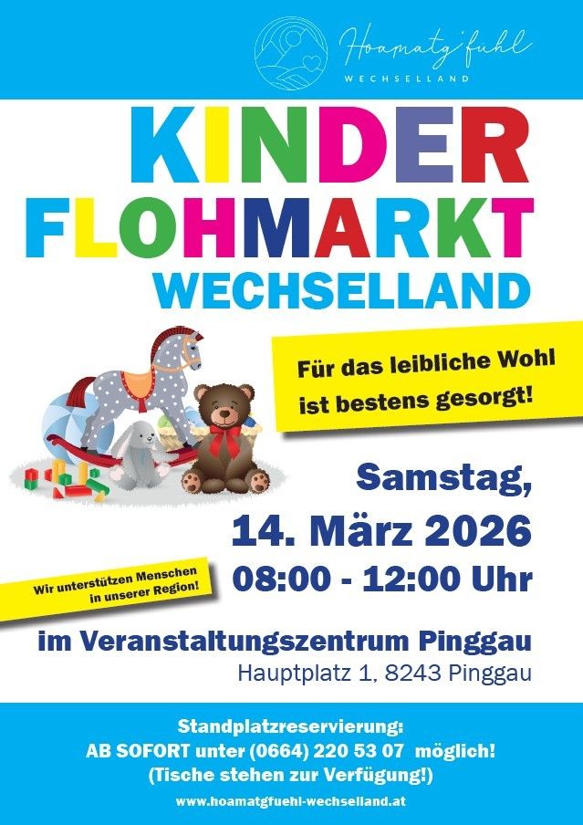 A poster for a children's flea market in Wechselland, Germany, scheduled for March 14, 2026, from 08:00 to 12:00. It features a horse, teddy bear, and toys.