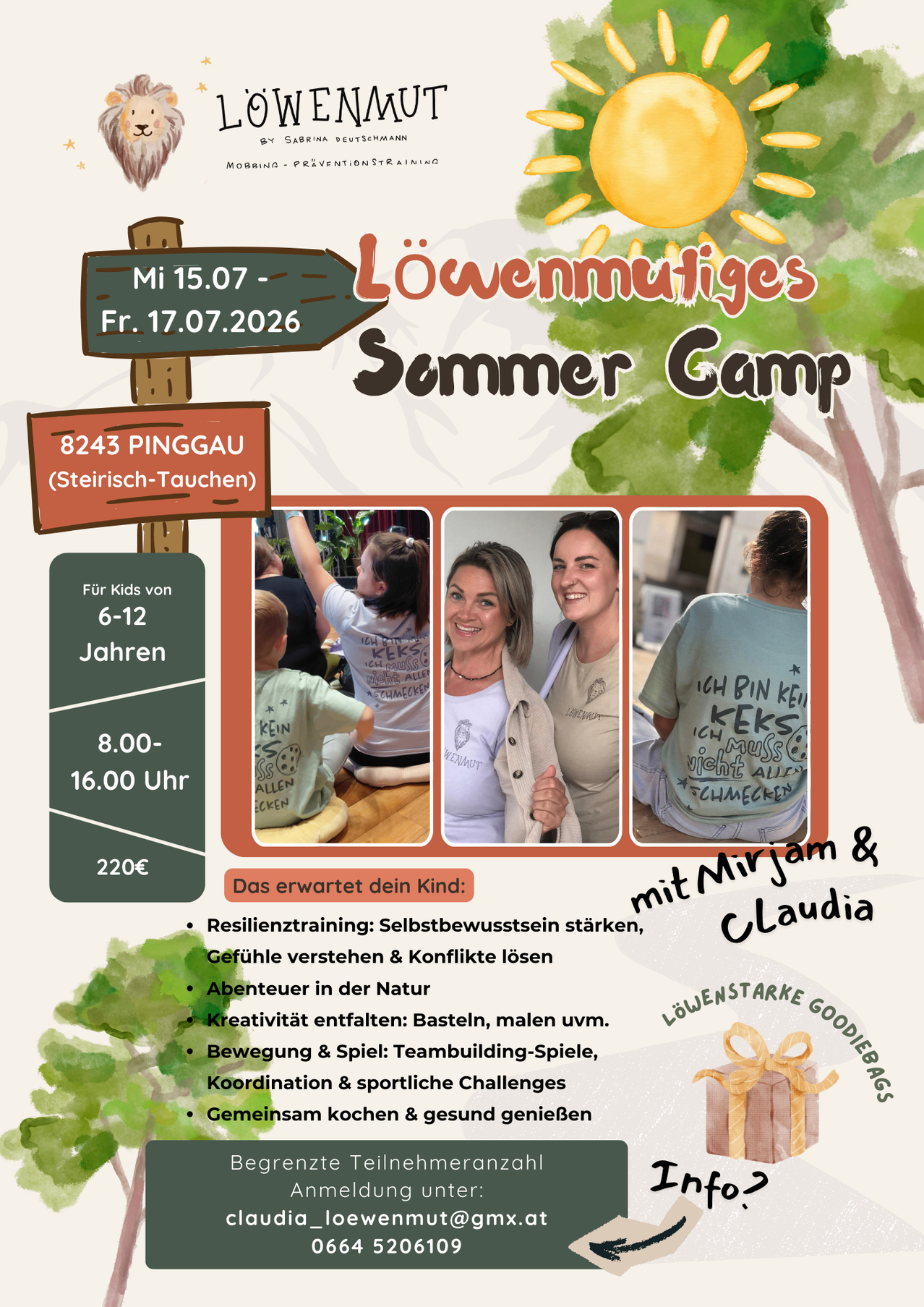 Summer camp advertisement for kids aged 6-12, taking place from July 15th to July 17th, 2026, in Pinggau, Styria. Activities include resilience training, nature adventures, and creativity workshops. Price is 220 Euros.