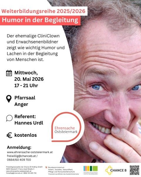 Plakat für eine Seminarreihe über Humor in der Begleitung. Zeigt einen lächelnden älteren Mann und eine Referenz an Hannes Urdl. Termin: Mittwoch, 20. Mai 2026, 17-21 Uhr. Ort: Pfarrsaal Anger. Kostenlose Anmeldung.