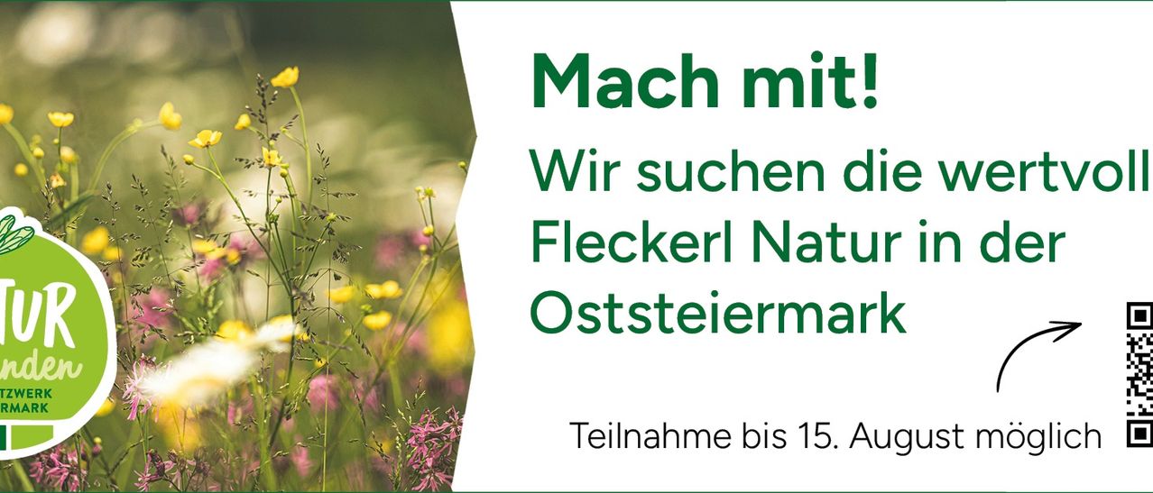 Ein Plakat mit einem Blumenhintergrund und grünem Text, der 'Mach mit! Wir suchen Flecken Natur Oststeiermark' lautet. Darunter steht ein Aufruf zur Teilnahme bis 15. August.