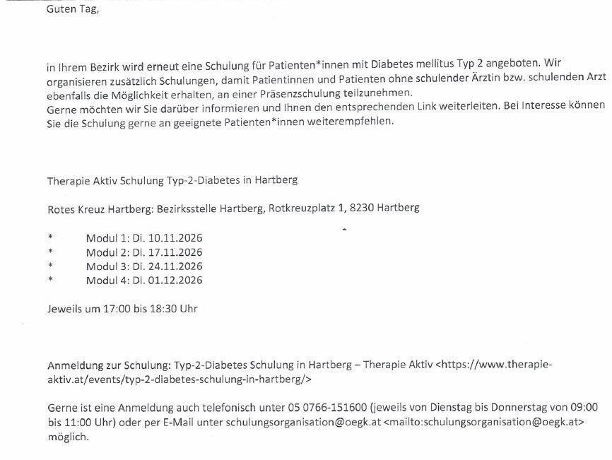 Ein Flyer für eine Schulung für Patienten mit Diabetes mellitus Typ 2 in Hartberg, Österreich. Es enthält Termine, Zeiten und Kontaktdaten für die Anmeldung.