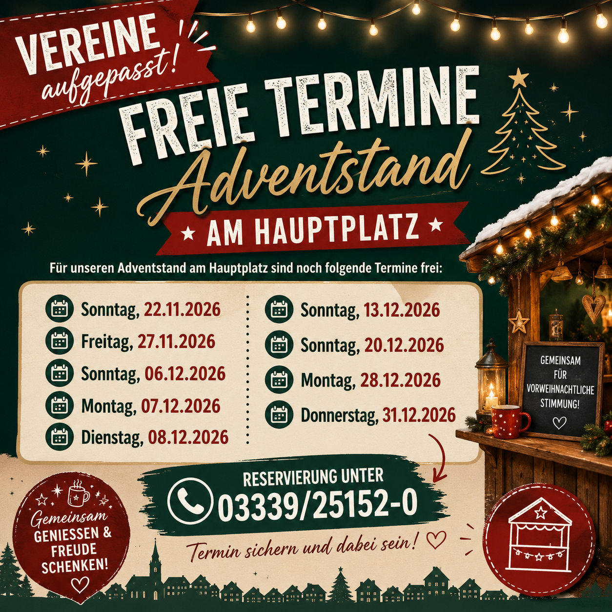 An advertisement for free Advent stand slots at the main square, featuring a Christmas tree, lights, and a cozy setup. Available dates include various Sundays, Fridays, Mondays, and Tuesdays in December 2026. Contact number provided for reservations.