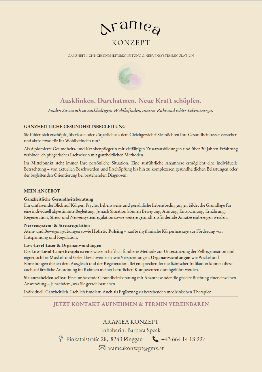 A document titled 'Ausklingen. Durchatmen. Neue Kraft schöpfen.' discusses holistic health guidance and nervous system regulation. It includes sections on comprehensive health assessments, stress and nervous system regulation, low-level laser therapy, and organ function enhancements. The document invites readers to contact for appointments and terms.