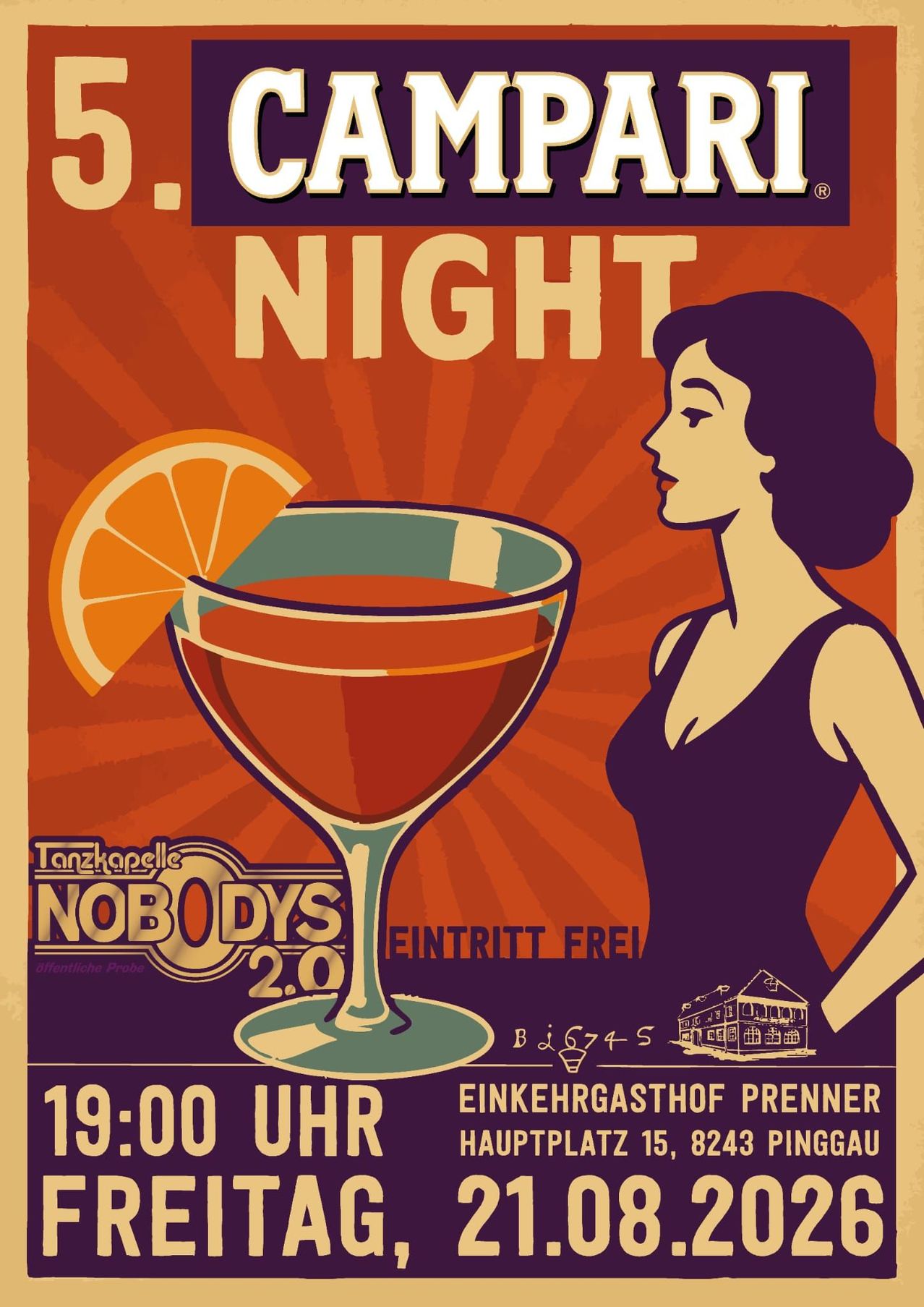 Ein Plakat für 'Nobodys Night' zeigt eine Frau in einem ärmellosen Kleid, die ein Glas mit rotem Getränk und einer Orangenscheibe in der Hand hält. Das Plakat ist im Vintage-Stil mit warmen Farbtönen gehalten.