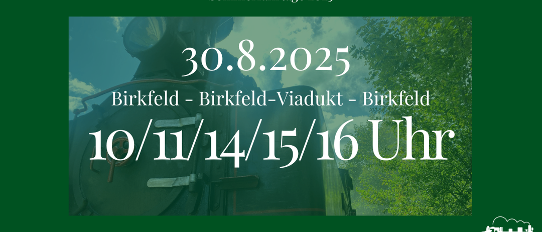 Plakat für das Sommerfestival 2025 am 30. August. Es zeigt einen Zug am Birkfeld-Viadukt mit angegebenen Zeiten.