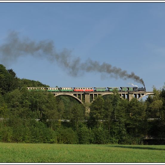 Bild enthält, Bridge, Building, Viaduct, Grass, Plant, Railway, Train, Transportation, Vehicle, Arch