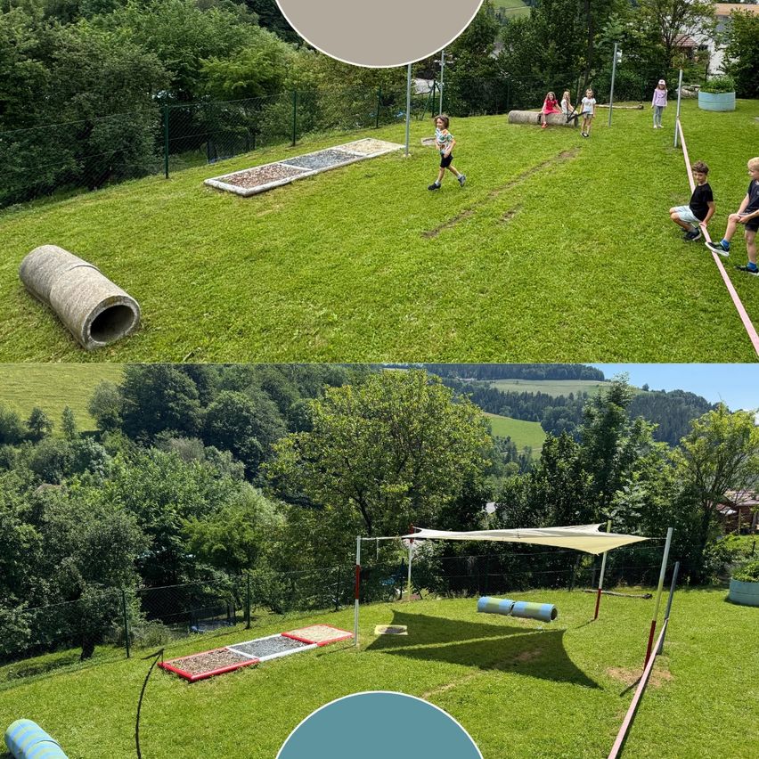 Two images of a playground with children playing. The top image shows a boy running and others playing on a grassy field. The bottom image shows a shaded area with a canopy and a boy sitting.