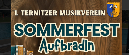 Eine Werbung für ein Sommerfest mit Live-Musik verschiedener Bands, einschließlich Saiten-Bleich und Musi Explora, im Pfarrsaal Ternitz am 22.08.2026.