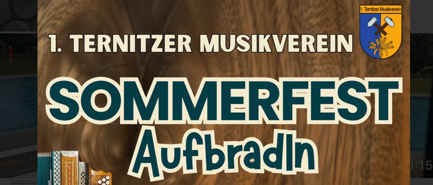 Eine Werbung für ein Sommerfest mit Live-Musik verschiedener Bands, einschließlich Saiten-Bleich und Musi Explora, im Pfarrsaal Ternitz am 22.08.2026.