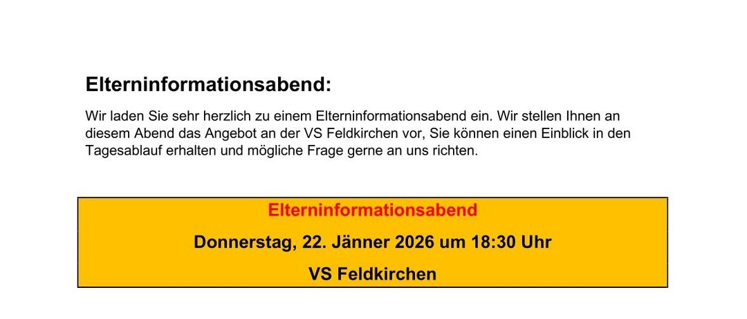 Einladung an Eltern zu einem Elterninformationsabend. Die Veranstaltung findet am Donnerstag, 22. Januar 2026, um 18:30 Uhr statt. Ein Tag der offenen Tür für Familien ist für Donnerstag, 29. Januar 2026, von 8:00 Uhr bis 10:00 Uhr geplant.