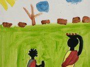 Ein Kunstwerk zeigt ein Grasfeld mit einem Baum und einer Sonne am Himmel. Zwei Personen stehen im Vordergrund und sehen sich gegenüber.