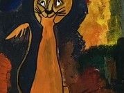 Ein abstraktes Gemälde zeigt eine große orange Katze mit Flügeln, die vor einem Hintergrund aus dunklen und lebhaften Farben steht, die einem Feuer ähneln.