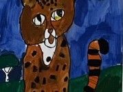 Ein Gemälde eines Leoparden mit Flecken auf blauem Hintergrund. Der Leopard hat einen weißen Fleck auf der Brust.