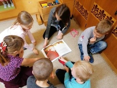 Eine Gruppe von Kindern sitzt im Kreis auf dem Boden und liest gemeinsam ein Buch. Ein Kind hält das Buch, während ein anderes auf die Bilder zeigt.