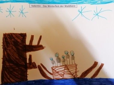 Eine Zeichnung eines Baumes und eines Bootes mit mehreren Figuren darauf. Das Boot ist von blauem Wasser umgeben und hat einen blauen Himmel mit weißen Schneeflocken.