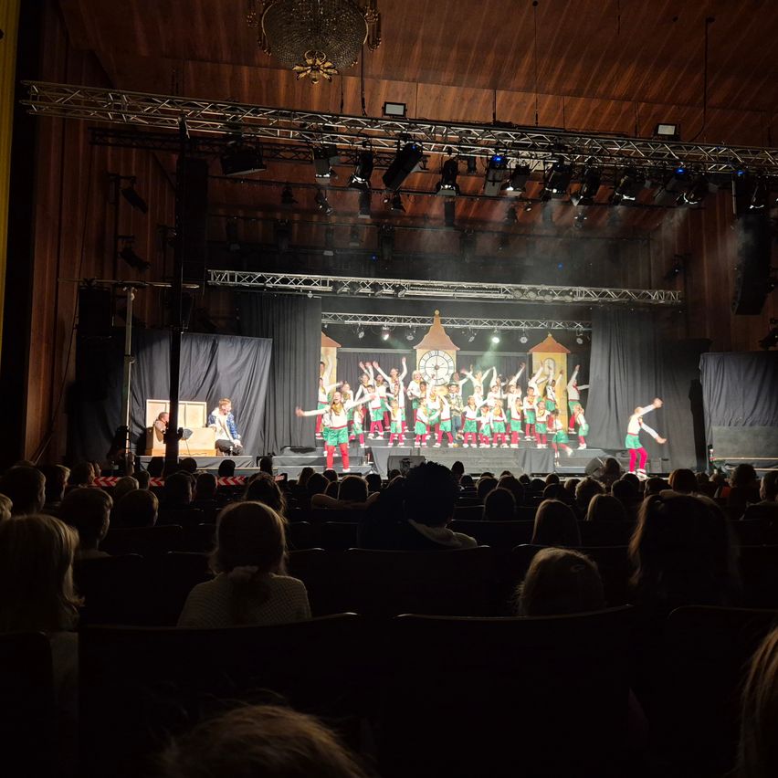 Eine Gruppe von Darstellern in grünen und roten Kostümen steht auf der Bühne, umgeben von Bühnenlicht und einem Hintergrund. Ein Publikum sitzt vor der Bühne und beobachtet die Aufführung.