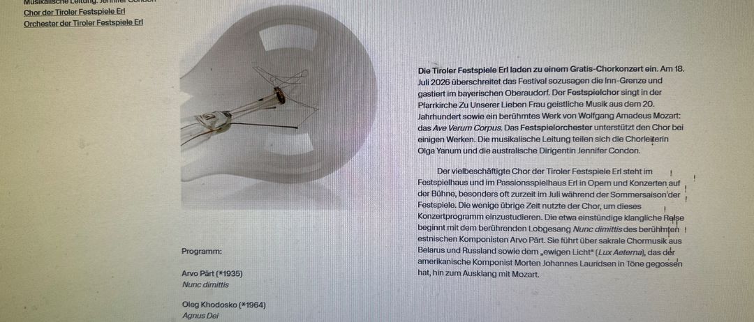 Ein Flyer für die Tiroler Festspiele Erl zeigt eine Glühbirne und Text über ein kostenloses Chorkonzert in Oberaudorf. Der Text ist auf Deutsch und enthält Details über die Veranstaltung, einschließlich Datum, Ort und Programm.