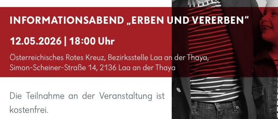 Ein Informationsabend zu Themen wie Erbe und Nachlassplanung mit Herrn Mag. Christian Schweifer, Notar in Laa an der Thaya, der über Testamente, gesetzliche Erbfolge und rechtliche Pflichten spricht am 12.05.2026 um 18:00. Die Teilnahme an der Veranstaltung ist kostenfrei.