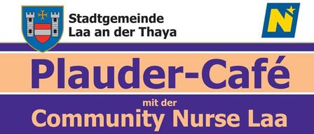 Plakat für Plauder-Café mit Community Nurse Laa. Veranstaltungen umfassen Gespräche über Sterbebegleitung, Hitzenotfälle und Erwachsenenvertretung. Im Freilich Eventzentrum, Laa Plus - Themenaallee 5.